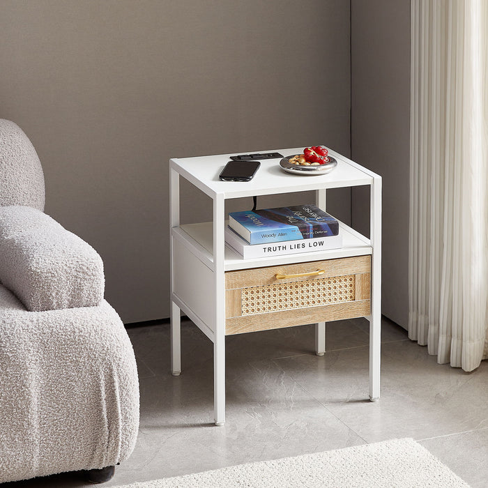 Rattan End Table With Power Outlet & USB Ports, Modern Nightstand With Drawer And Metal Legs, Side Table For Living Room, Bedroom