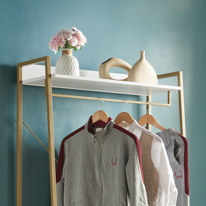 Clothes Rack With Metal Frame And Open Shelves - White / Gold