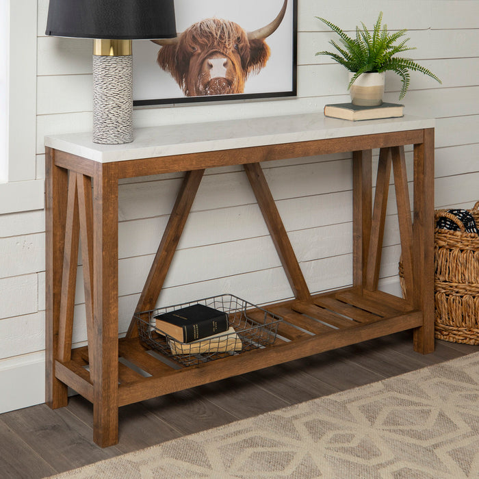 Farmhouse A Frame Faux Marble Entry Table With Lower Shelf - White / Walnut