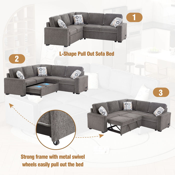 L-Shaped Pull Out Sofa Bed Modern Convertible Sleeper Sofa With 2 USB Ports, 2 Power Sockets And 3 Pillows For Living Room