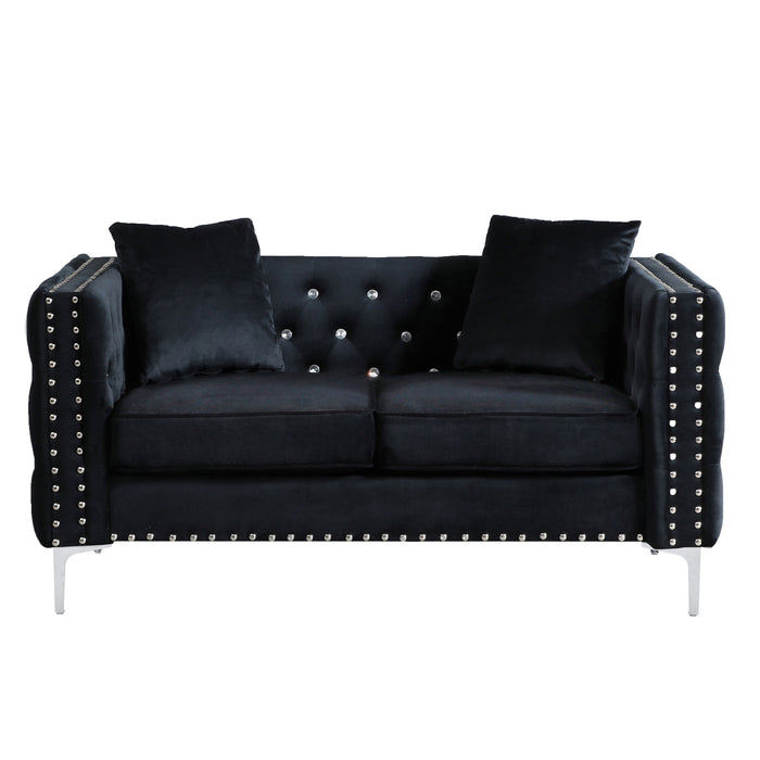 Wide Sofa With Jeweled Buttons Square Arm, 2 Pillows