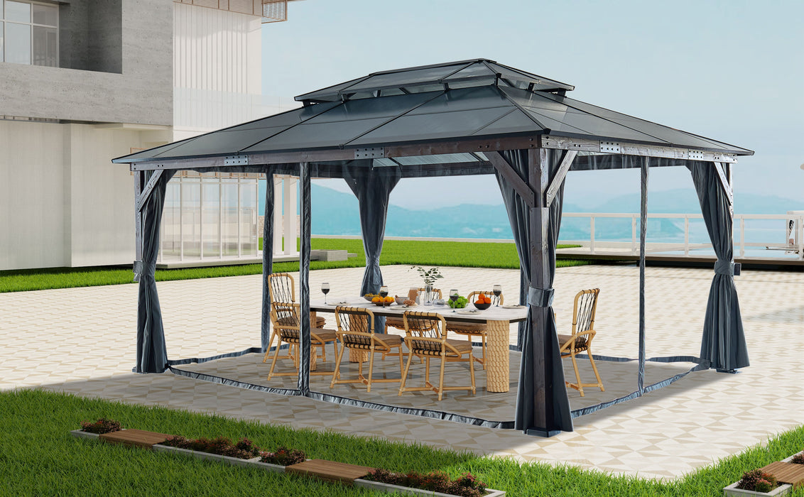 Hardtop Gazebo For Patios, Outdoor Framed Gazebo With Polycarbonate Double Roof Canopy, Solid Framed Gazebo With Privacy Curtains And Mosquito Nettings For Garden, Backyard