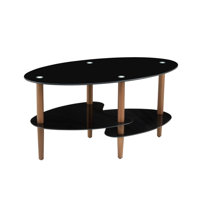 Oval Glass Coffee Table, Modern Table In Living Room Oak Wood Leg Tea Table 3-Layer Tempered Glass Table - Brown / Black