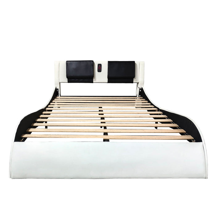 Upholstered Platform Bed Frame With LED Lighting, Bluetooth Connection To Play Music Control, Backrest Vibration Massage, Curve Design, Wood Slat Support