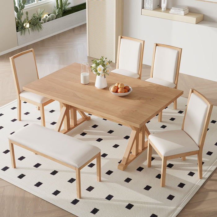 Topmax - 6 Piece Farmhouse Classical Dining Table Set With Trestle Legs, Kitchen Table Set For 6 With 4 Upholstered Dining Chairs And Bench