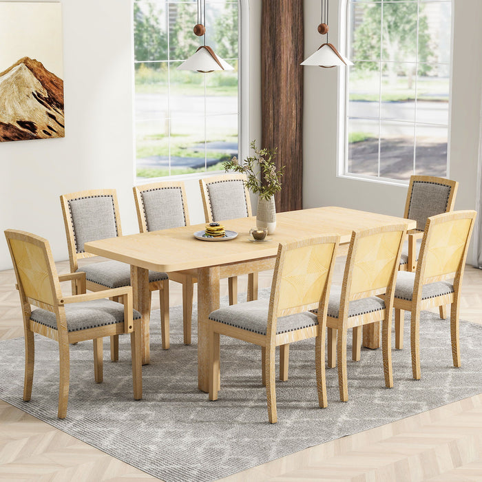 Topmax - Rustic Extendable Dining Table Set With Removable Leaf, 6 Upholstered Armless Dining Chairs And 2 Padded Arm Chairs, 9 Pieces