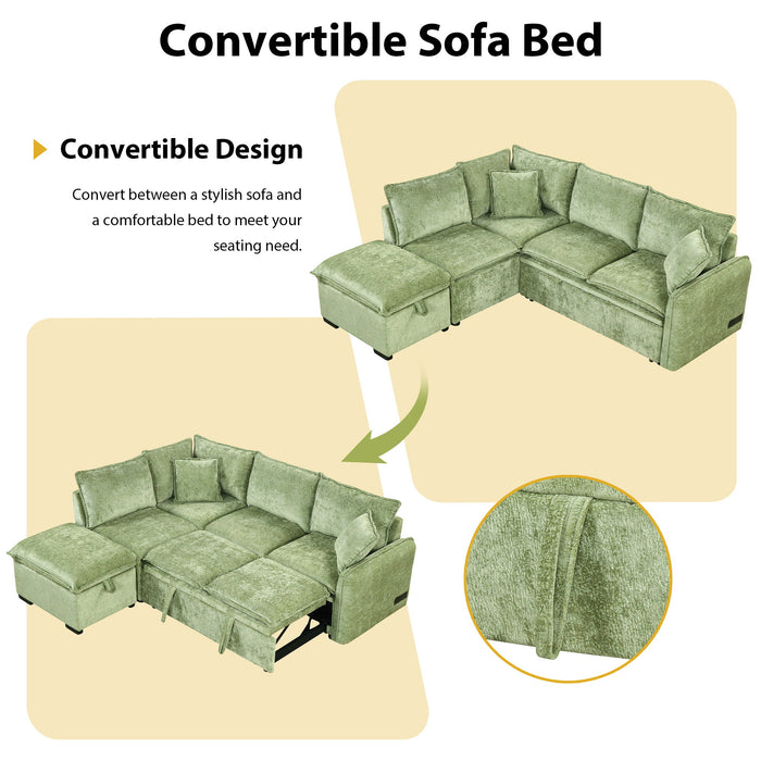 Convertible Sofa Bed Sectional Sofa Sleeper L-Shaped Sofa With A Storage Ottoman, Two Pillows, Two Power Sockets And Two USB Ports For Living Room