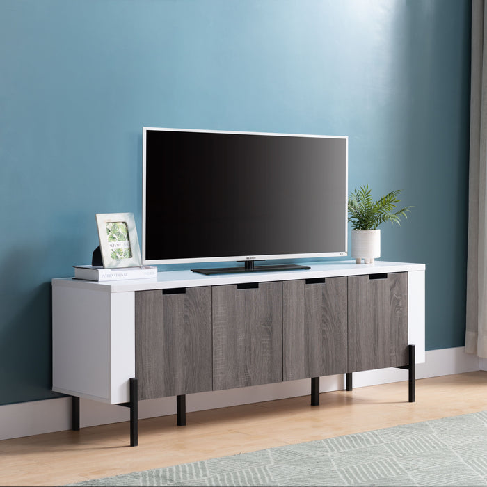 Two Toned TV Stand With Four Cabinet Doors, Storage Cabinet - White / Distressed Gray