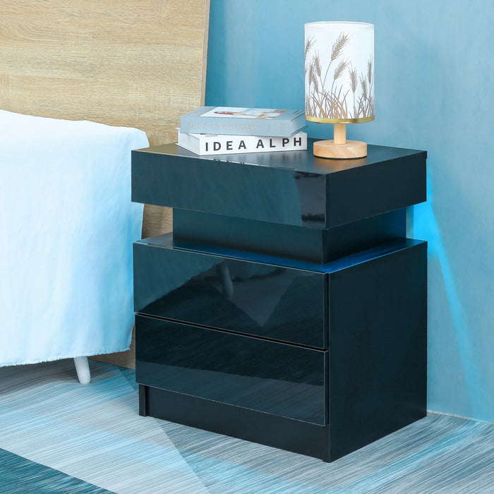 Nightstand With LED Lights Wood LED Bedside Table Nightstand With 2 High Gloss Drawers For Bedroom