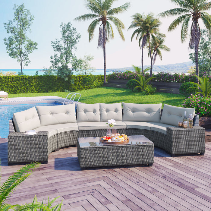 8 Pieces Outdoor Wicker Round Sofa Set, Half-Moon Sectional Sets All Weather, Curved Sofa Set With Rectangular Coffee Table, PE Rattan Water-Resistant And UV Protected, Movable Cushion