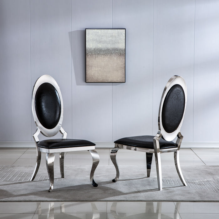 Leatherette Dining Chair With Oval Backrest (Set of 2), Stainless Steel Legs - Silver Frame