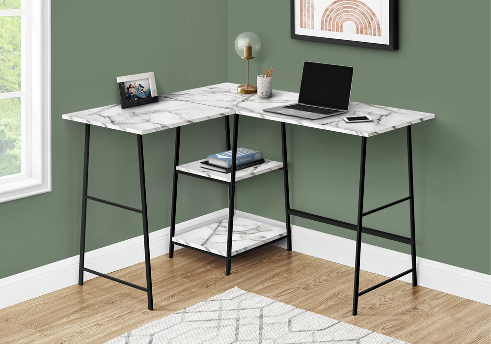 Computer Desk, Home Office, Corner, Storage Shelves, L Shape, Work, Laptop, Marble Look Laminate, Contemporary, Modern