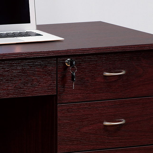 Three Locking Drawers On Metal Glides Student Desk Work Desk Modesty Panel Metal Bar Handles - Mahogany