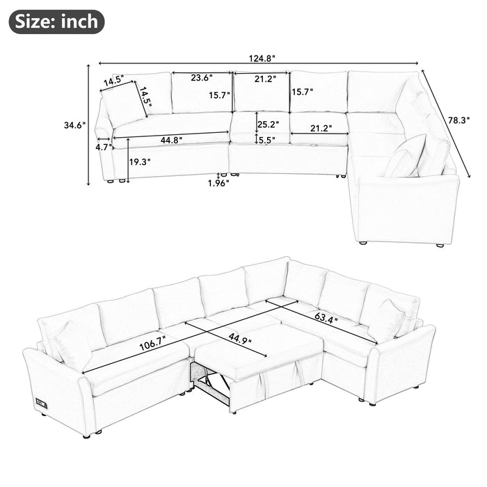 L-Shaped Sofa Convertible Sofa Bed Pull Out Sofa Sleeper With Two Back Pillows, Two USB Ports And Two Power Sockets For Living Room