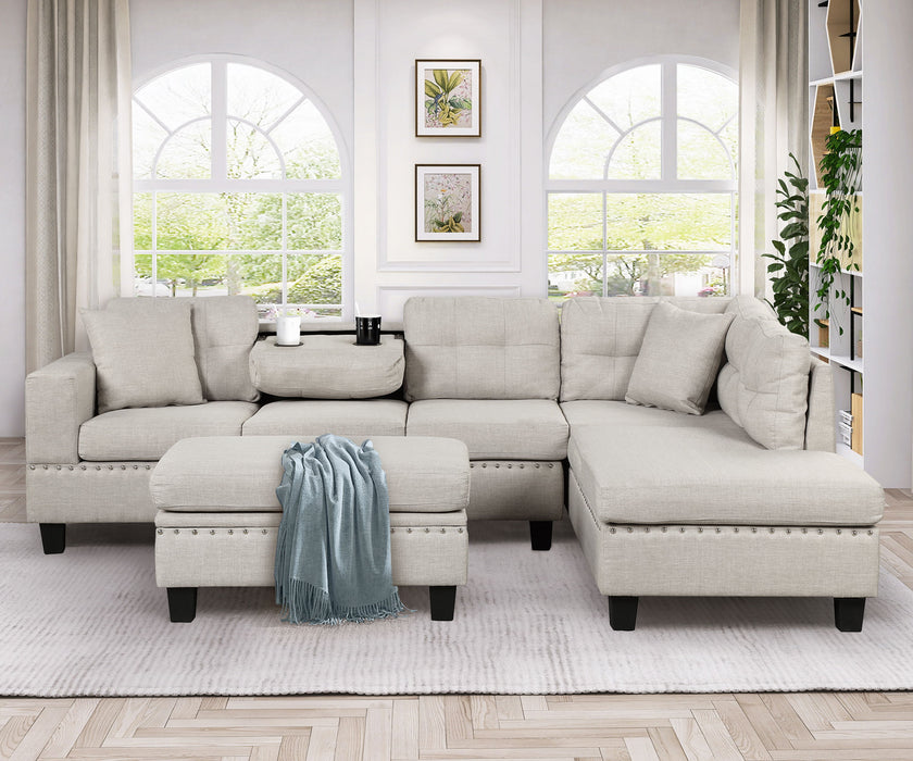 Modern Sectional Sofa With Storage Ottoman, L-Shape Couch With 2 Pillows And Cup Holder, Sectional Sofa With Reversible Chaise For Living Room