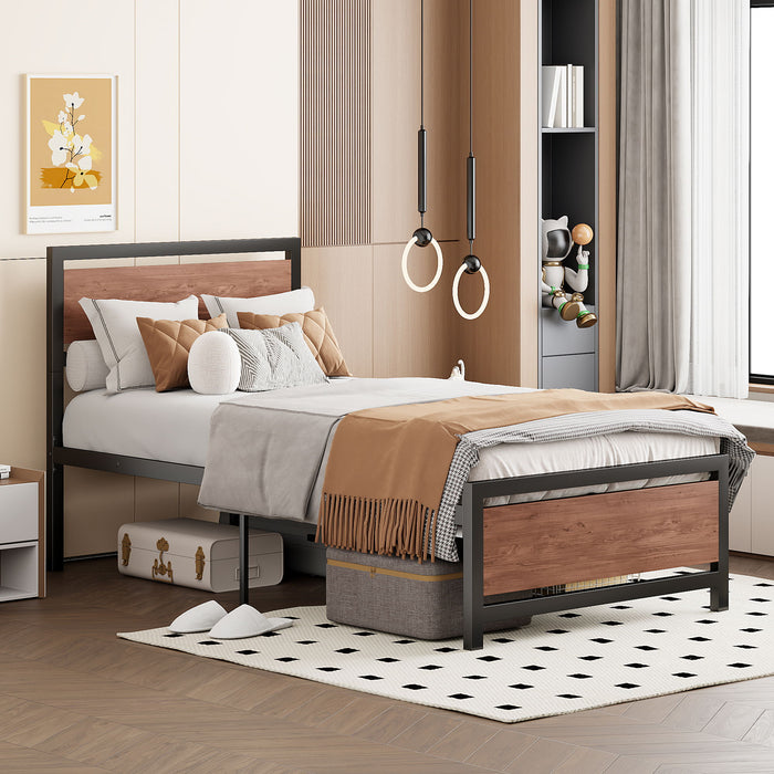 Platform Bed, Metal And Wood Bed Frame With Headboard And Footboard