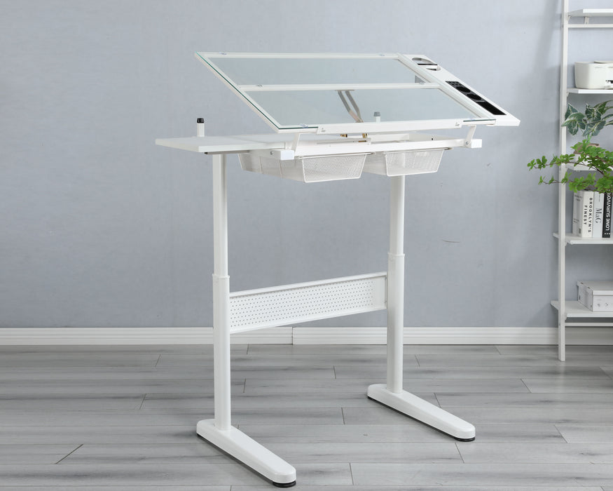 Hand Crank Adjustable Drafting Table Drawing Desk With 2 Metal Drawers With Stool