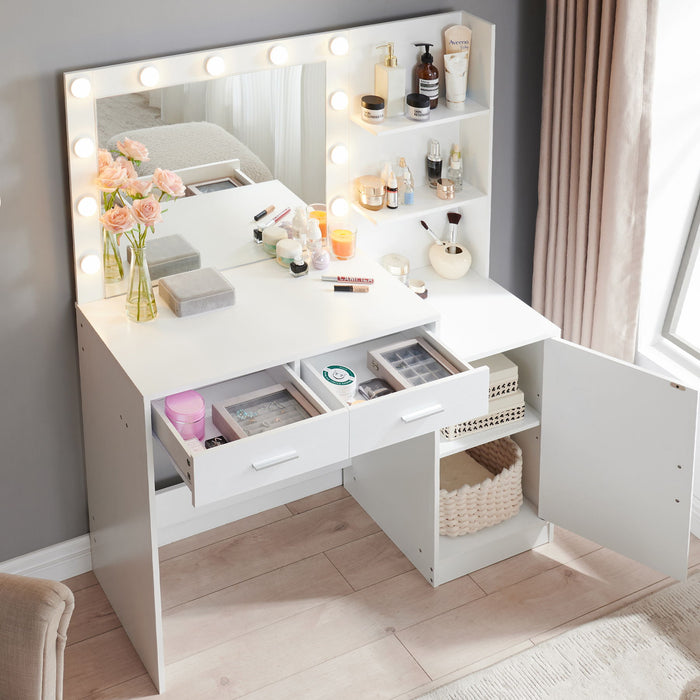 Vanity Desk With Mirror And Lights, 46.4In Dressing Table With 2 Large Drawer & Large Vertical Organizer, 3 Level Dresser & 3 Lighting Modes Adjustable Brightness, Suitable For Bedroom