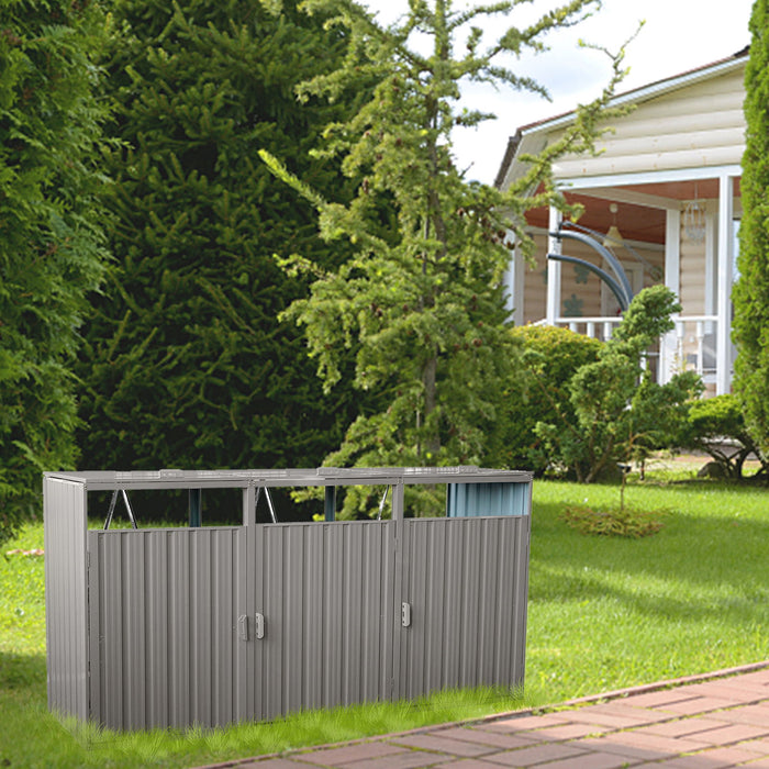 Garbage Bin Shed Stores 2 Trash Cans Metal Outdoor Bin Shed For Garbage Storage, Stainless Galvanized Steel, Bin Shed For Garden Yard Lawn