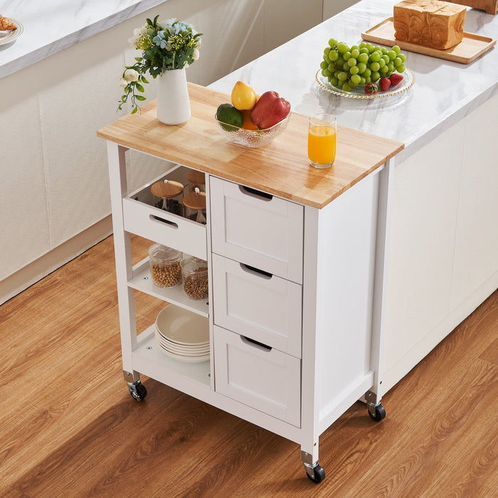 Rolling Portable Small Kitchen Island Cart On Wheels With Solid Wood Top, Dining Room Serving Utility Carts Mobile Movable With 3 Drawers And Storage Shelves Cabinet - White