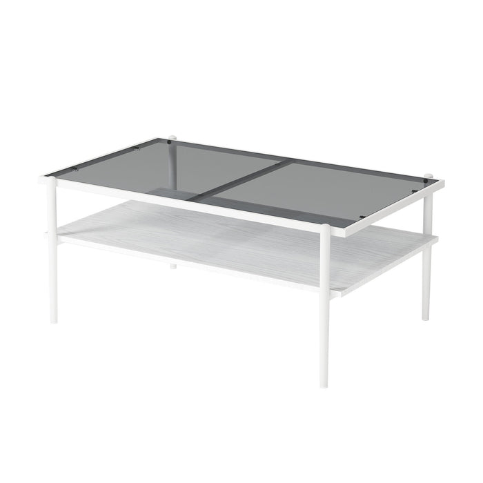 Rectangle Coffee Table With Tempered Glass Top And White Legs, Modern Table For Living Room