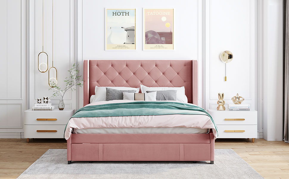 Queen Size Storage Bed Velvet Upholstered Platform Bed With Wingback Headboard And A Big Drawer