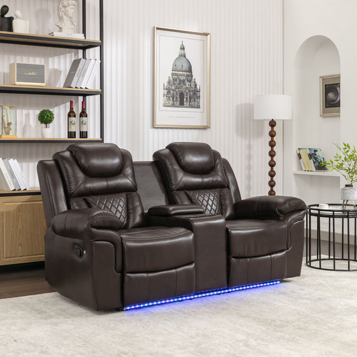 Home Theater Seating Manual Recliner Loveseat With Hide-Away Storage, Cup Holders And Led Light Strip For Living Room