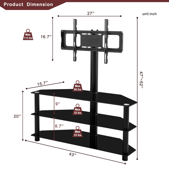 43.3" Multi-Function TV Stand Height Adjustable Bracket Swivel 3 Tier - Black