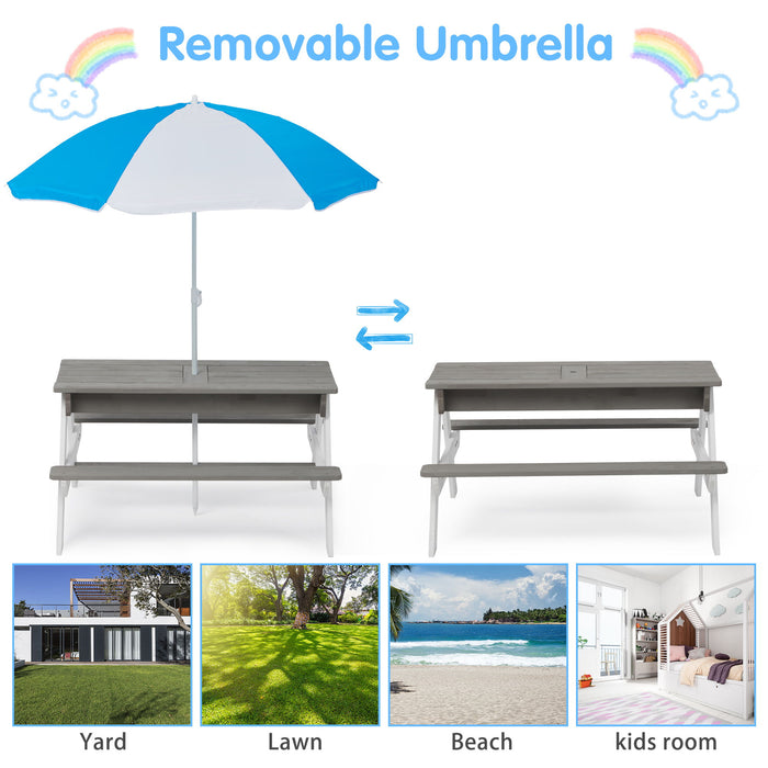 3-In-1 Kids Outdoor Wooden Picnic Table With Umbrella, Convertible Sand & Water, ASTM & CPSIA Certification