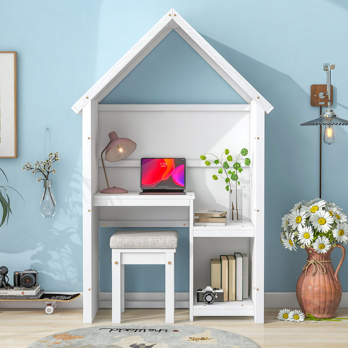 House-Shaped Kids Desk With A Cushion Stool, House-Style Desk And Stool Set