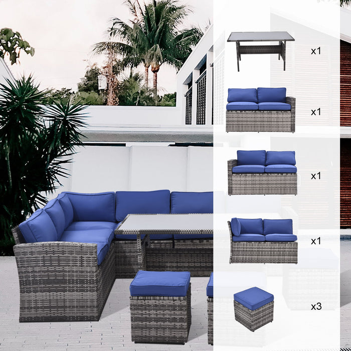 7 Pieces Outdoor Sectional Conversation Sofa With Dining Table, Chairs And Ottomans, All Weather, With Backrest And Removable Cushions