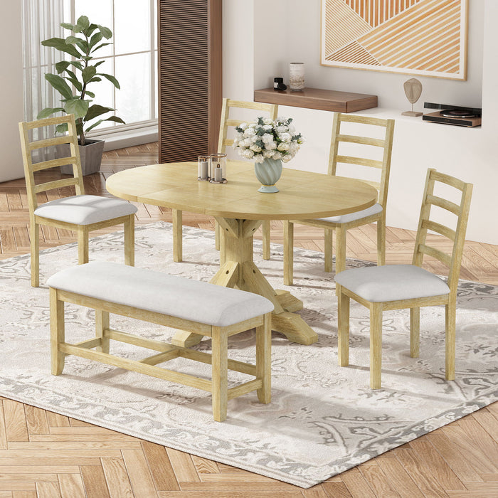 Topmax - 6 Piece Farmhouse Extendable Pedestal Dining Table Set With 18Inch Removable Leaf, Bench And 4 Ladder Back Dining Chairs