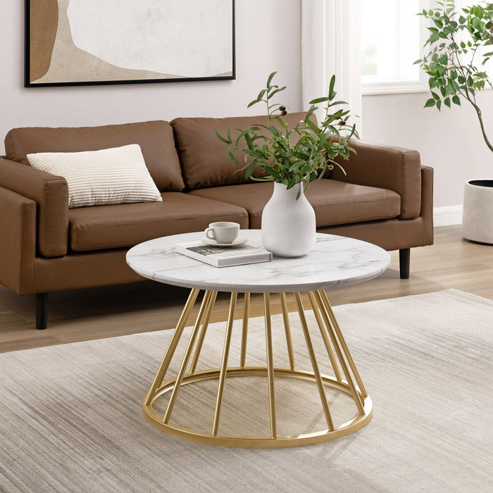 Modern Round Coffee Table With Metal Base - White / Gold