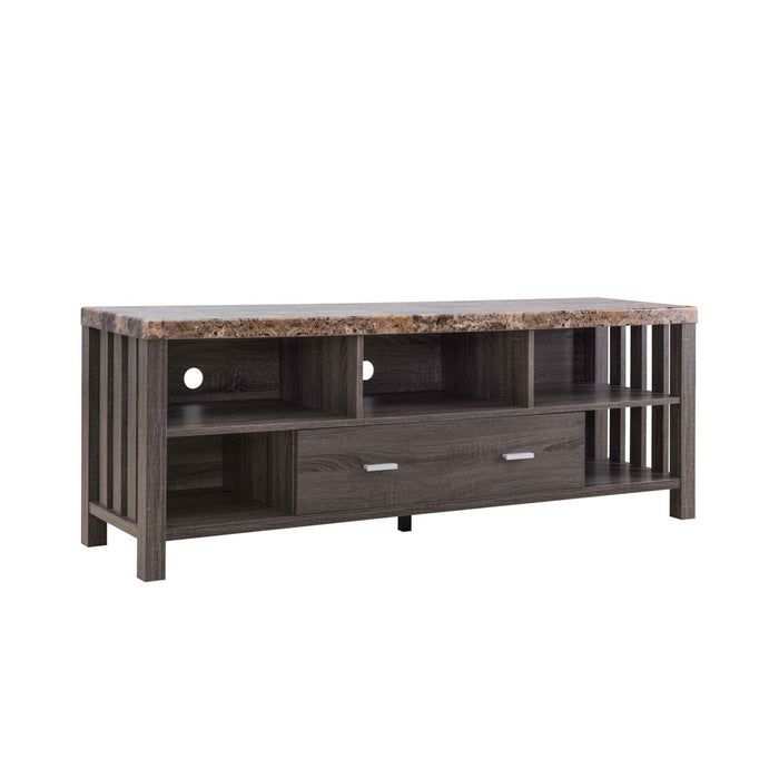 Home, Livingroom TV Stand With Drawer & Five Open Shelves - Faux Marble YelloWith Distressed Gray