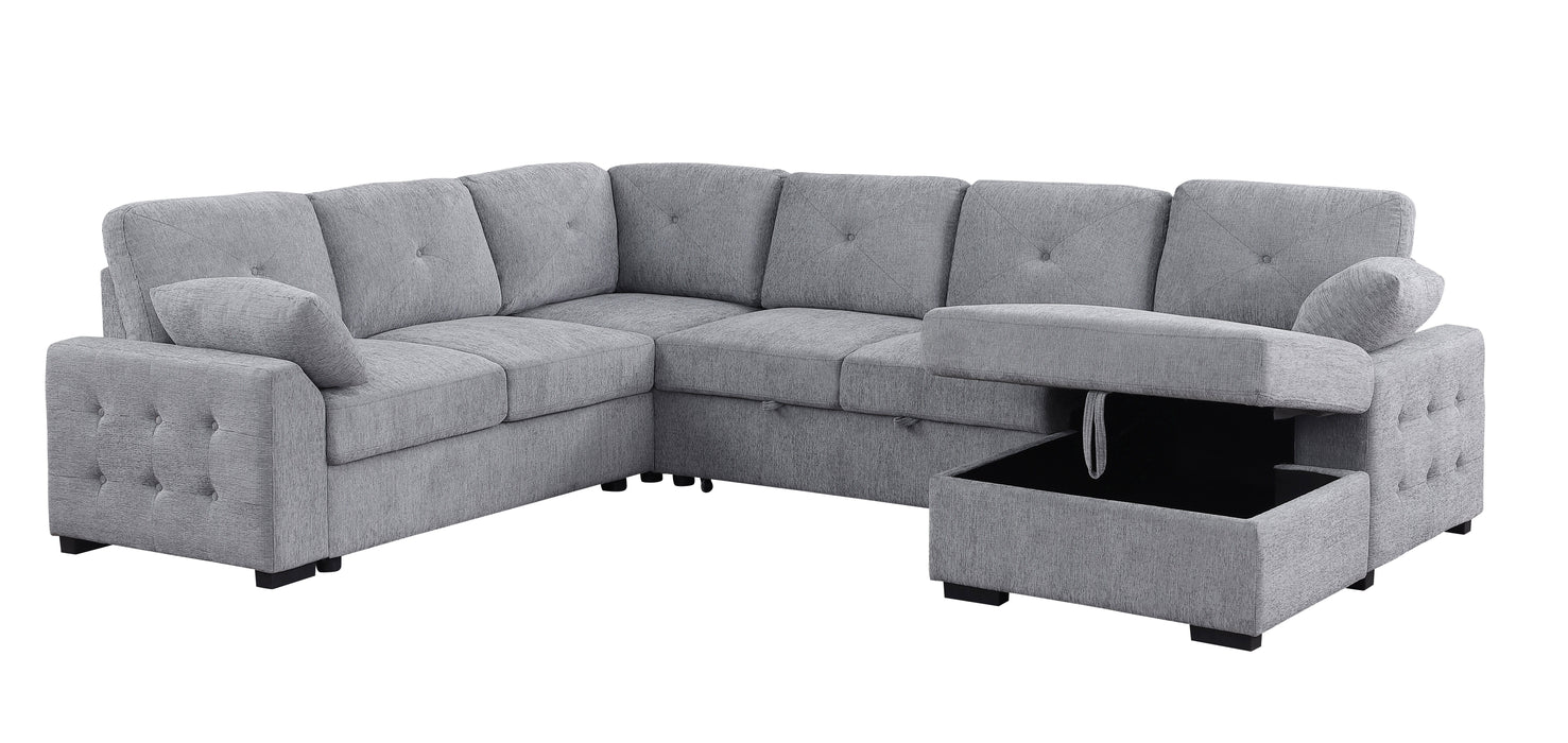 Nyhan - Upholstered Corner Sectional With Pull Out Loveseat And Storaged Chaise - Light Gray