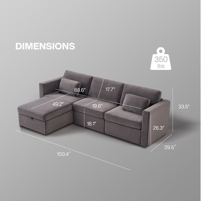 4 Seats Modern Cotton Linen L-Shape Sectional Sofa, Oversized Upholstery Sectional Sofa, Chaise Couch With Storage Ottomans For Living Room / Loft / Apartment / Office