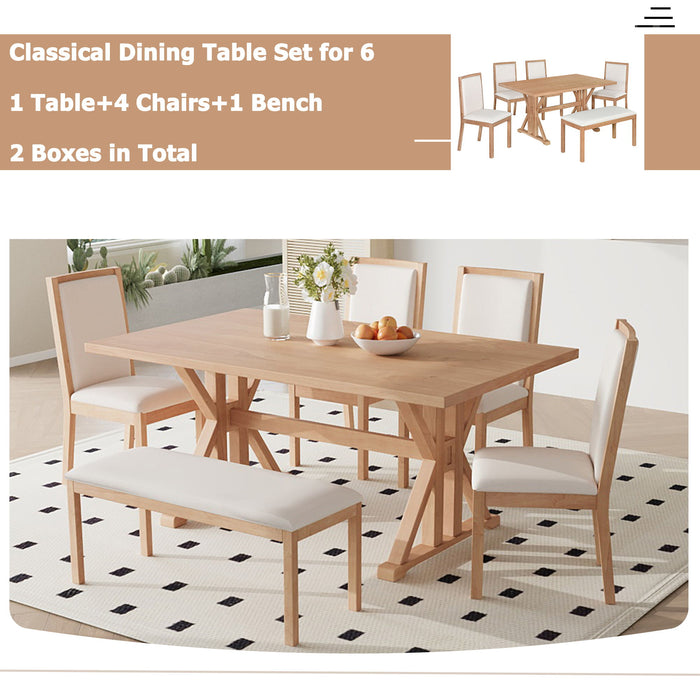 Topmax - 6 Piece Farmhouse Classical Dining Table Set With Trestle Legs, Kitchen Table Set For 6 With 4 Upholstered Dining Chairs And Bench