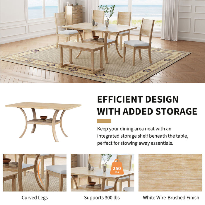 Topmax - 6 Piece Wood Dining Table Set With Storage Shelf And Curved Legs, Kitchen Table Set With Bench And 4 Removable Cushions Dining Chairs, Modern Style