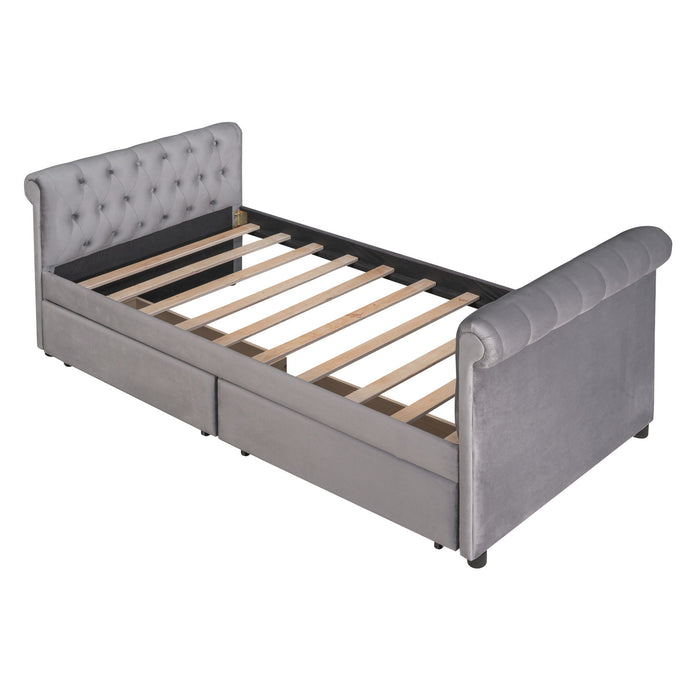 Upholstered Daybed With Drawers, Wood Slat Support