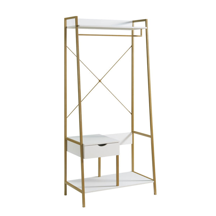 Clothes Rack With Metal Frame And Open Shelves - White / Gold