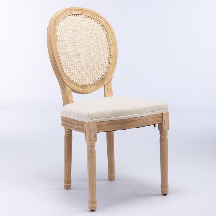 French Style Solid Wood Frame Antique Painting Linen Fabric Rattan Back Dining Chair (Set of 2)