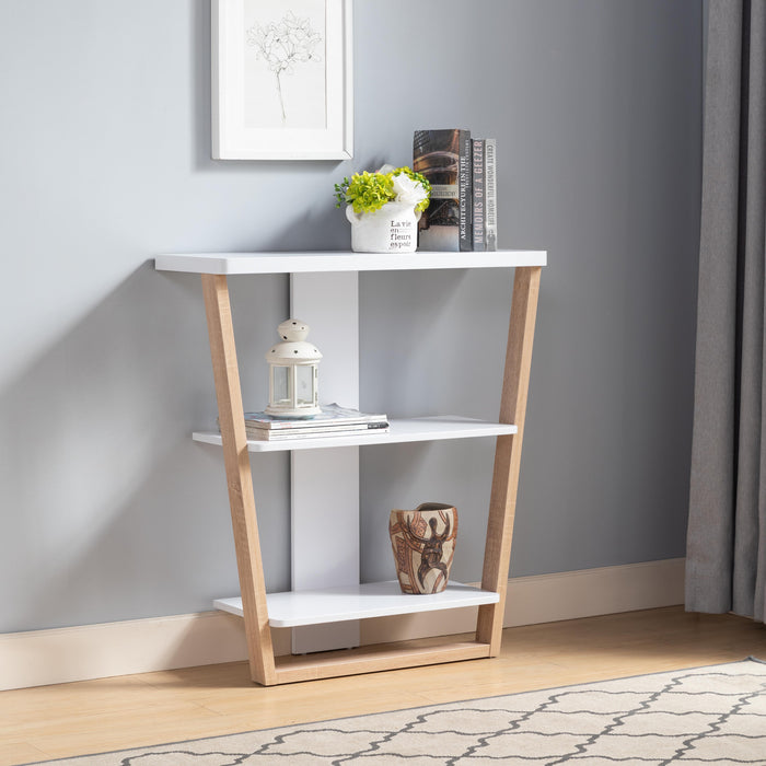 Contemporary Console Table With Three Open Shelves - White / Light Brown