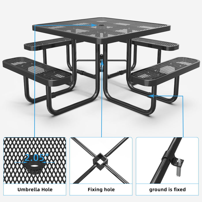 Square Outdoor Steel Picnic Table With Umbrella Pole - Black