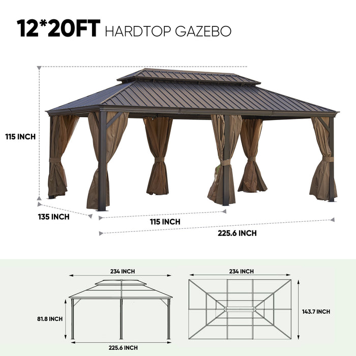 Gazebo Double Roof Canopy With Netting And Curtains, Outdoor Gazebo 2 Tier Hardtop Galvanized Iron Aluminum Frame Garden Tent For Patio, Backyard, Deck And Lawns