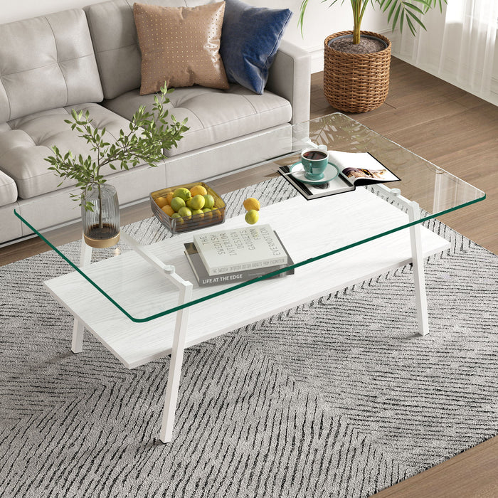 Rectangle Coffee Table, Tempered Glass Tabletop With Metal Legs, Modern Table For Living Room