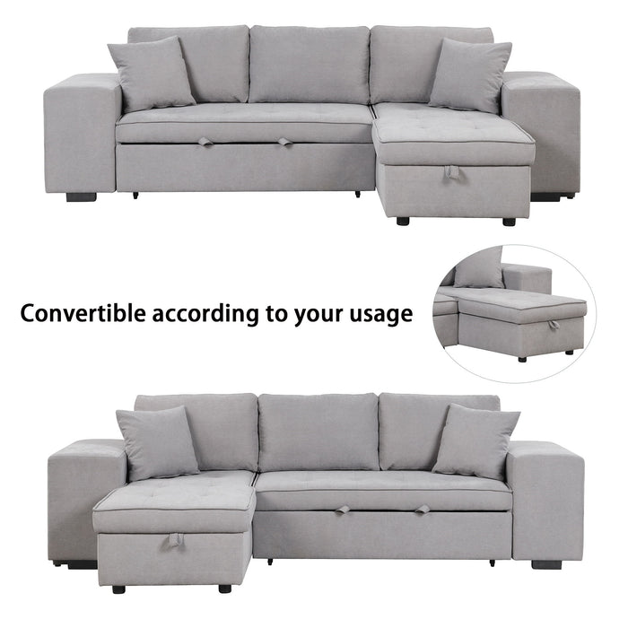 Pull Out Sleeper Sofa Reversible L-Shape 3 Seat Sectional Couch With Storage Chaise And 2 Stools For Living Room Furniture Set - Gray