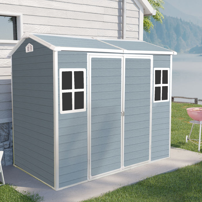 Resin Outdoor Storage Shed With Two - Window And Double - Door, Plastic Shed With Floor For Gargen, Patio, Yard, Lawn