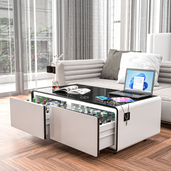 Modern Smart Coffee Table With Built-In Fridge, Bluetooth Speaker, Wireless Charging Module, Touch Control Panel, Power Socket, USB Interface, Outlet Protection, Atmosphere Light