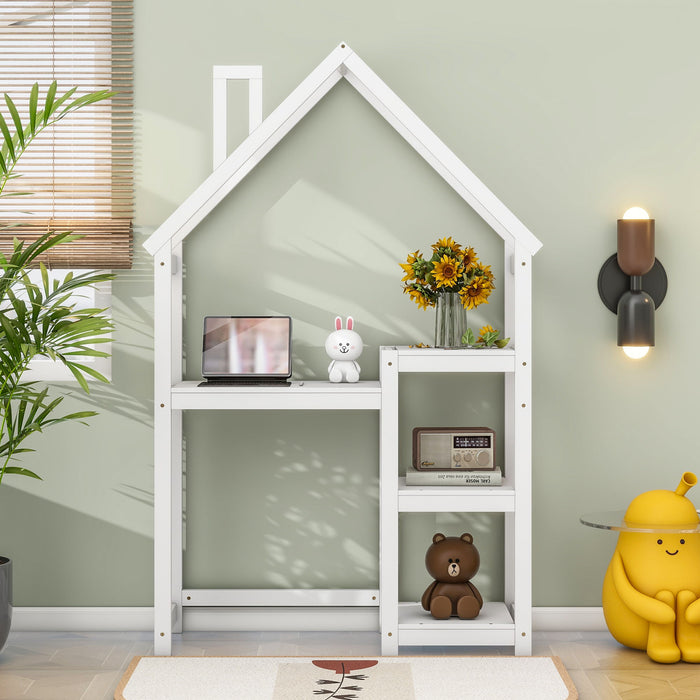 House-Shaped Wooden Writing Desk, Kids Study Table, Bookshelf & Toy Storage