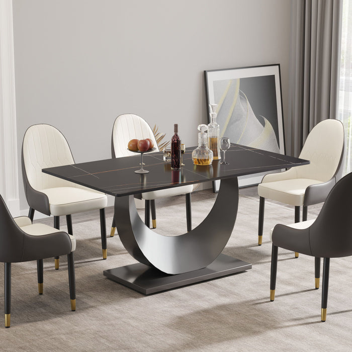 63" Modern Artificial Stone Crescent-Shaped Metal Legs, Can Accommodate 6-8 People - Black